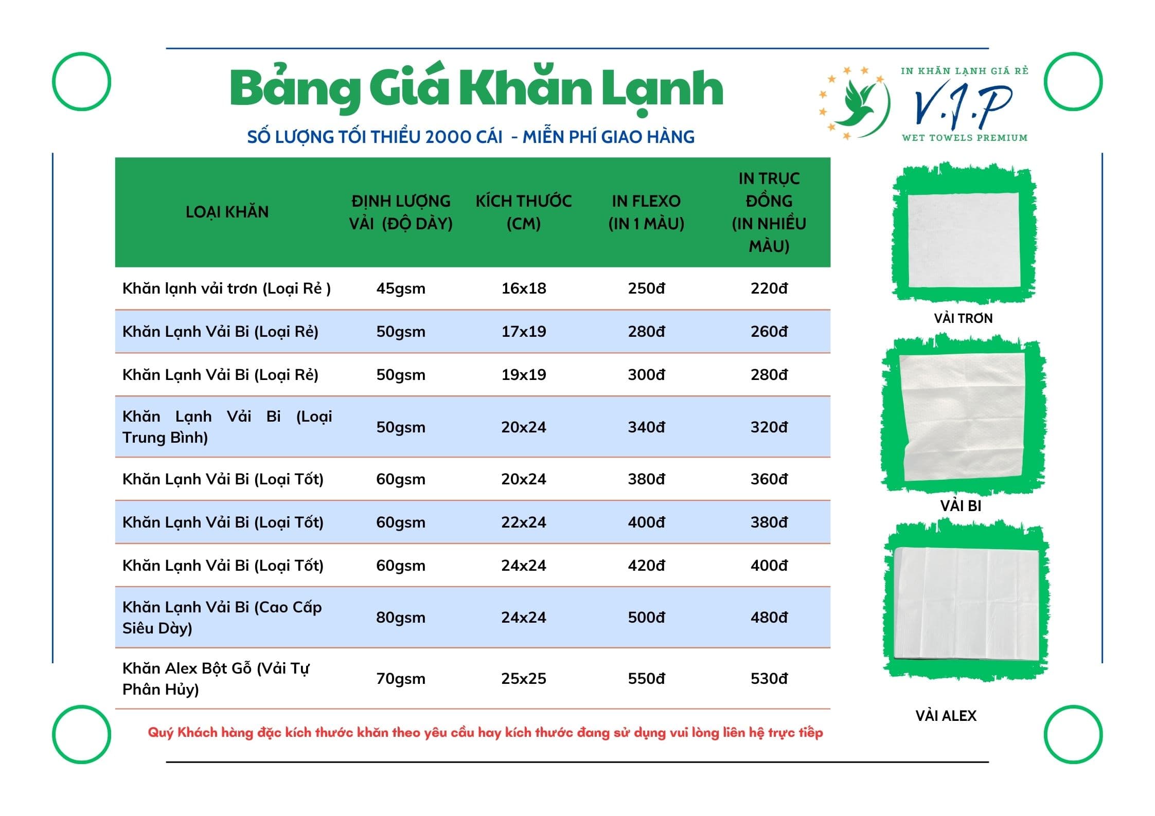 bảng giá tham khảo tại khăn lạnh VIP